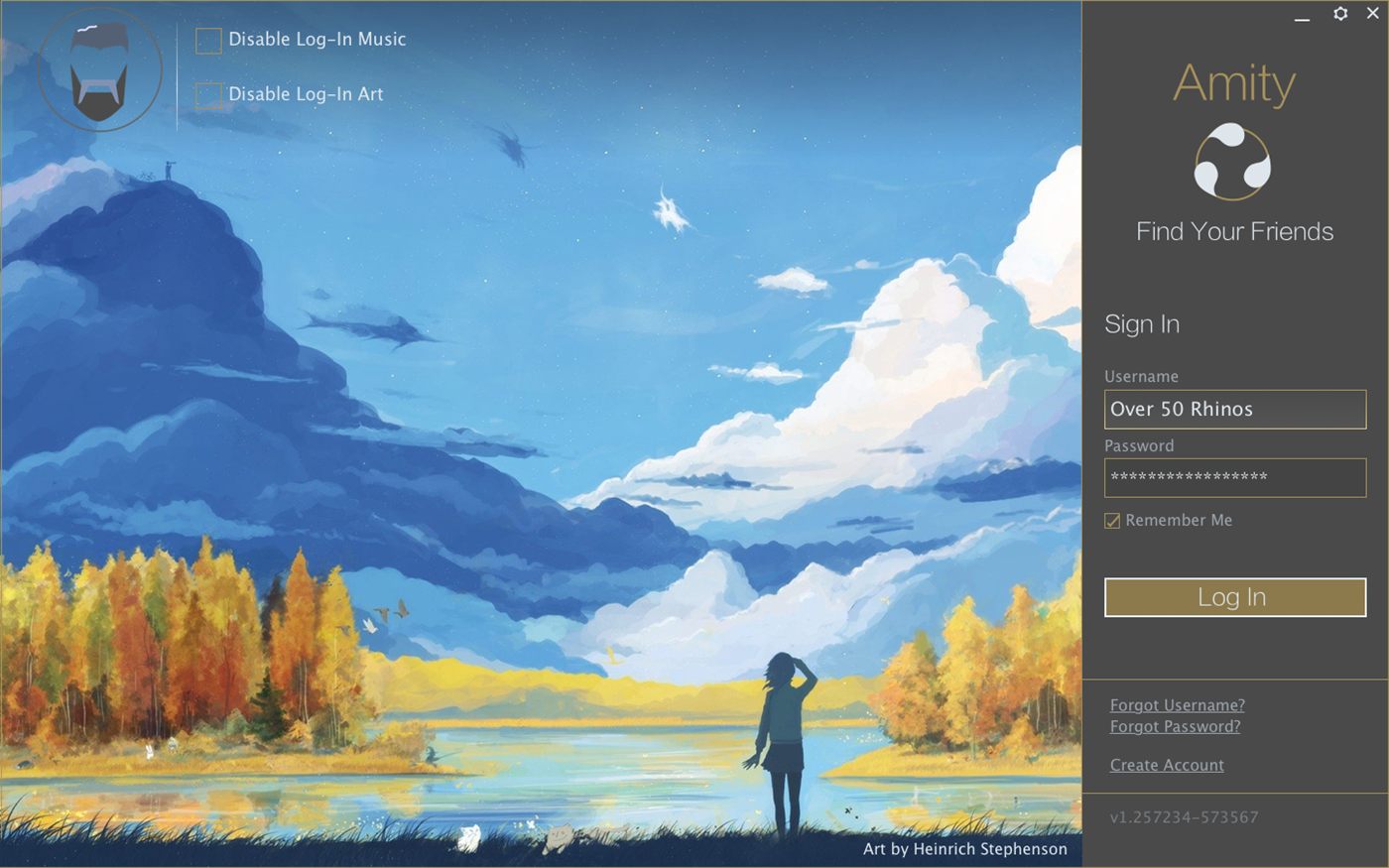 Amity app sign-in screen — a social 'find your friends' app with lush anime-style landscape art.