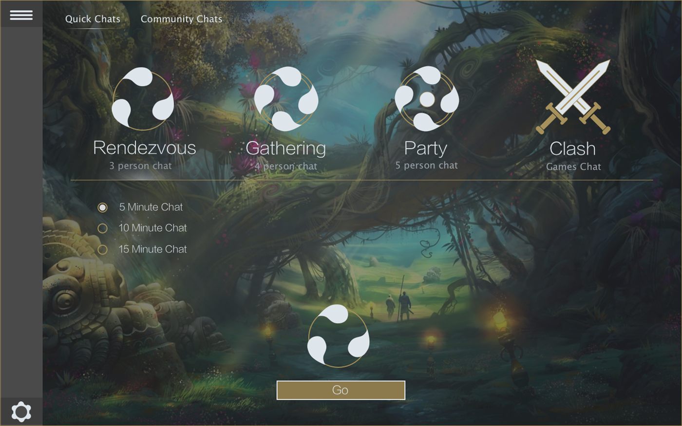 Amity chat mode select — game-inspired modes: Rendezvous, Gathering, Party, and Clash.