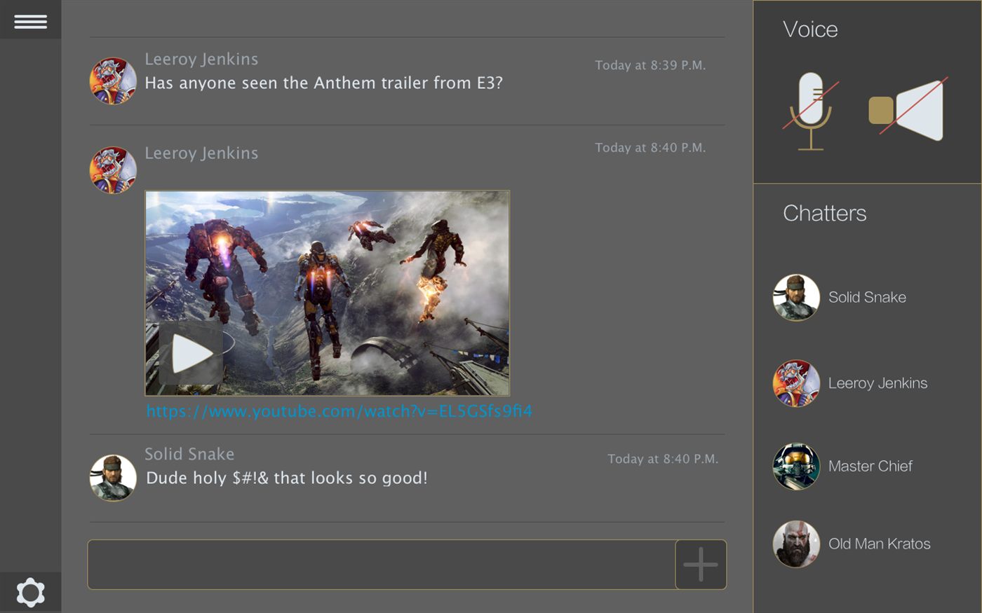 A chat interface concept with playful gamer personas discussing a game trailer.