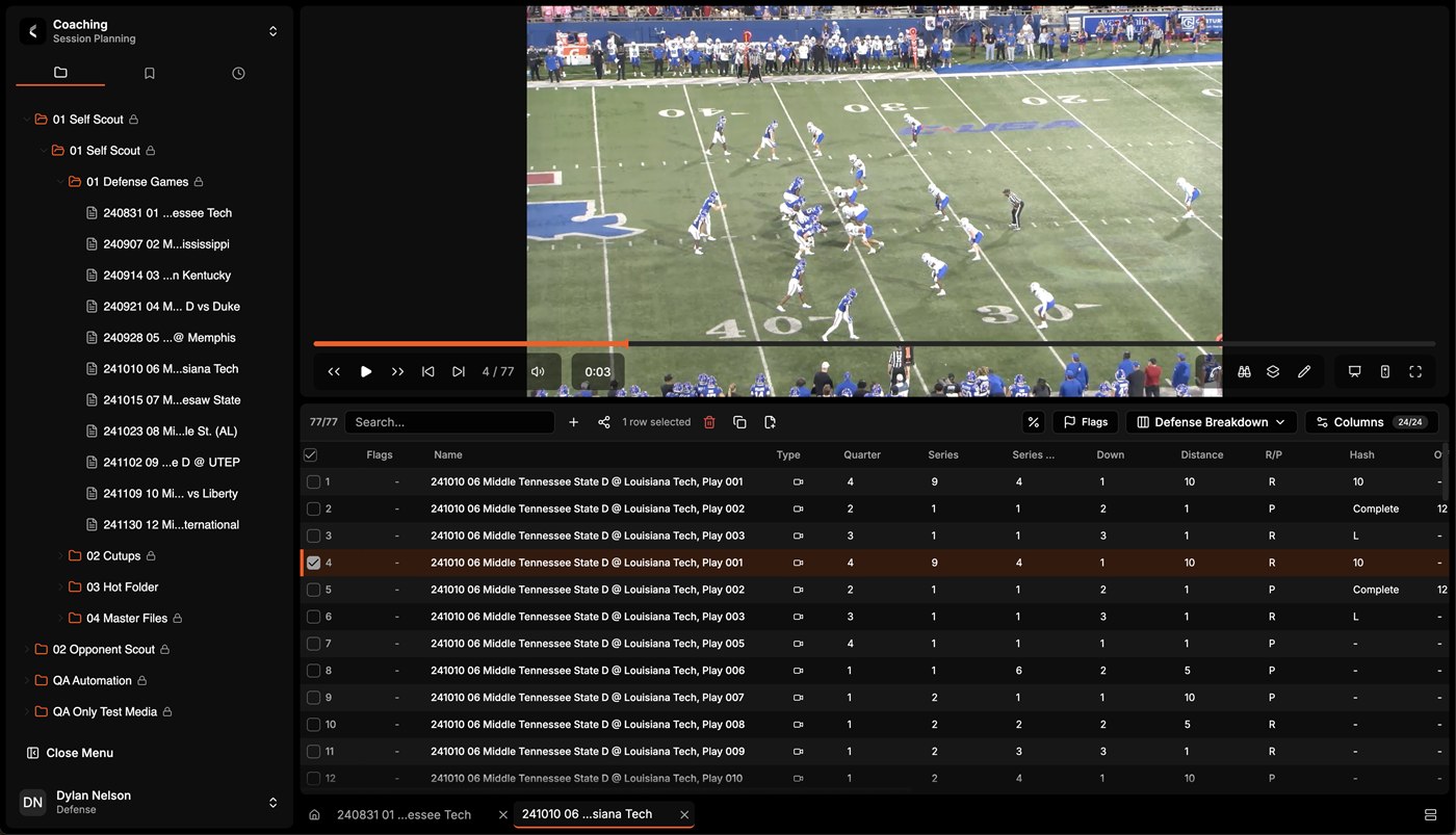 Hub Pro main interface showing coaching workspace with folder navigation, game video player, and data table