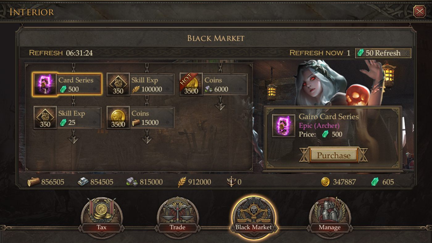 The redesigned Immortal Conquest black market — collectible cards with refresh timers in the game's ornate style.