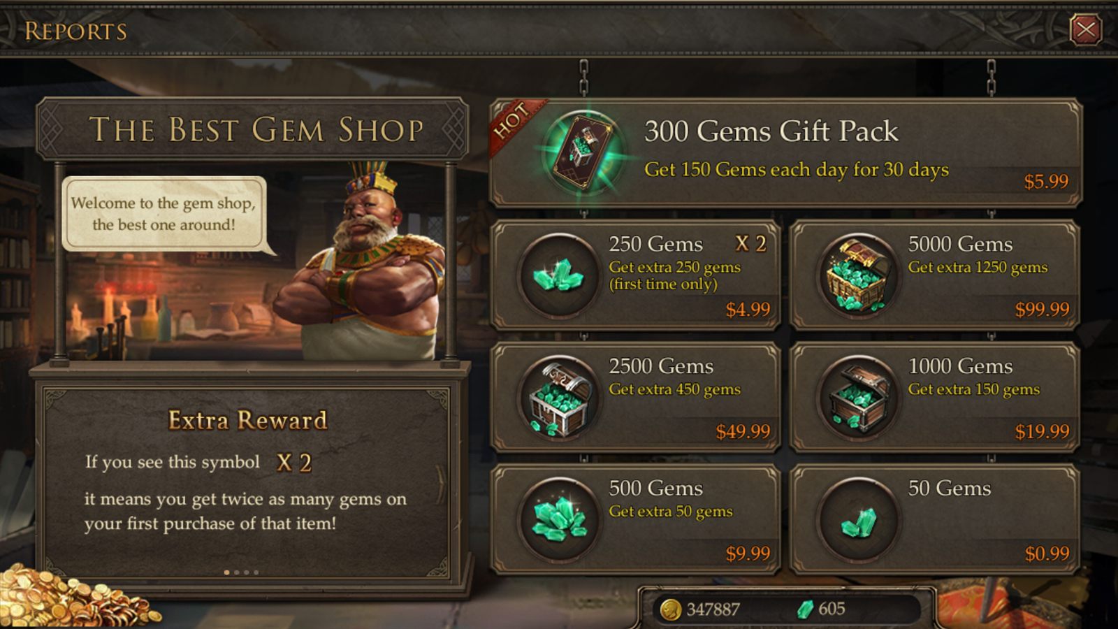 Immortal Conquest gem shop — a redesigned in-game store in an ornate ancient-world style