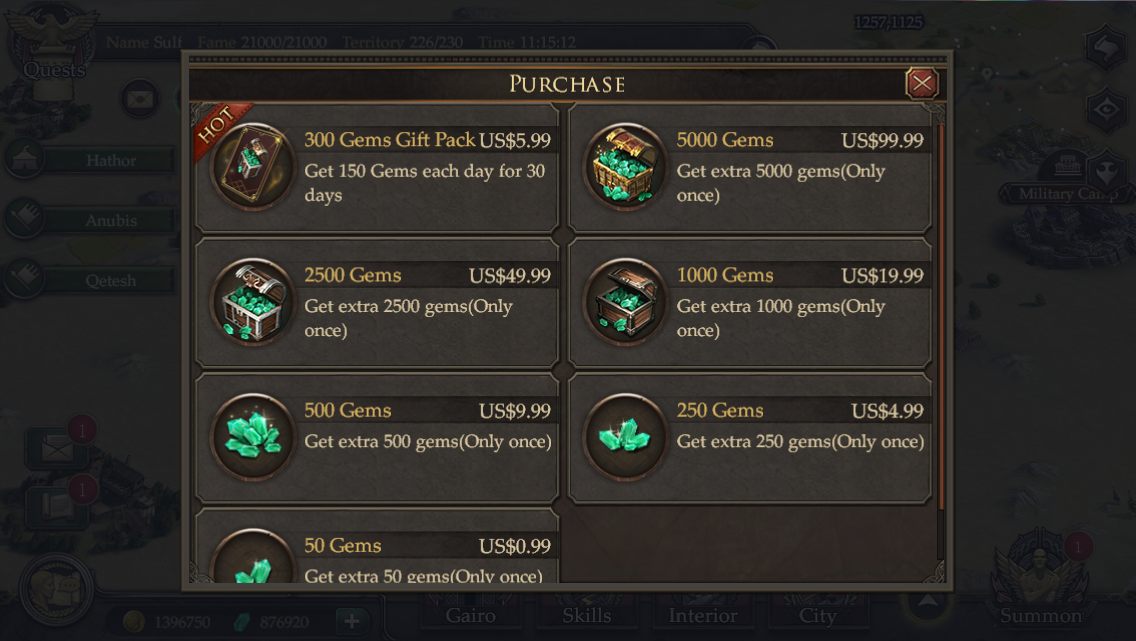 The original Immortal Conquest shop — a plain purchase menu of gem tiers and prices, no character or organization.