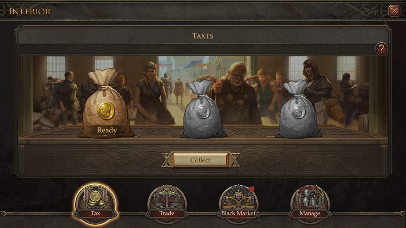 Redesigned tax screen — illustrated tax collectors with coin bags and a single clear collect action.