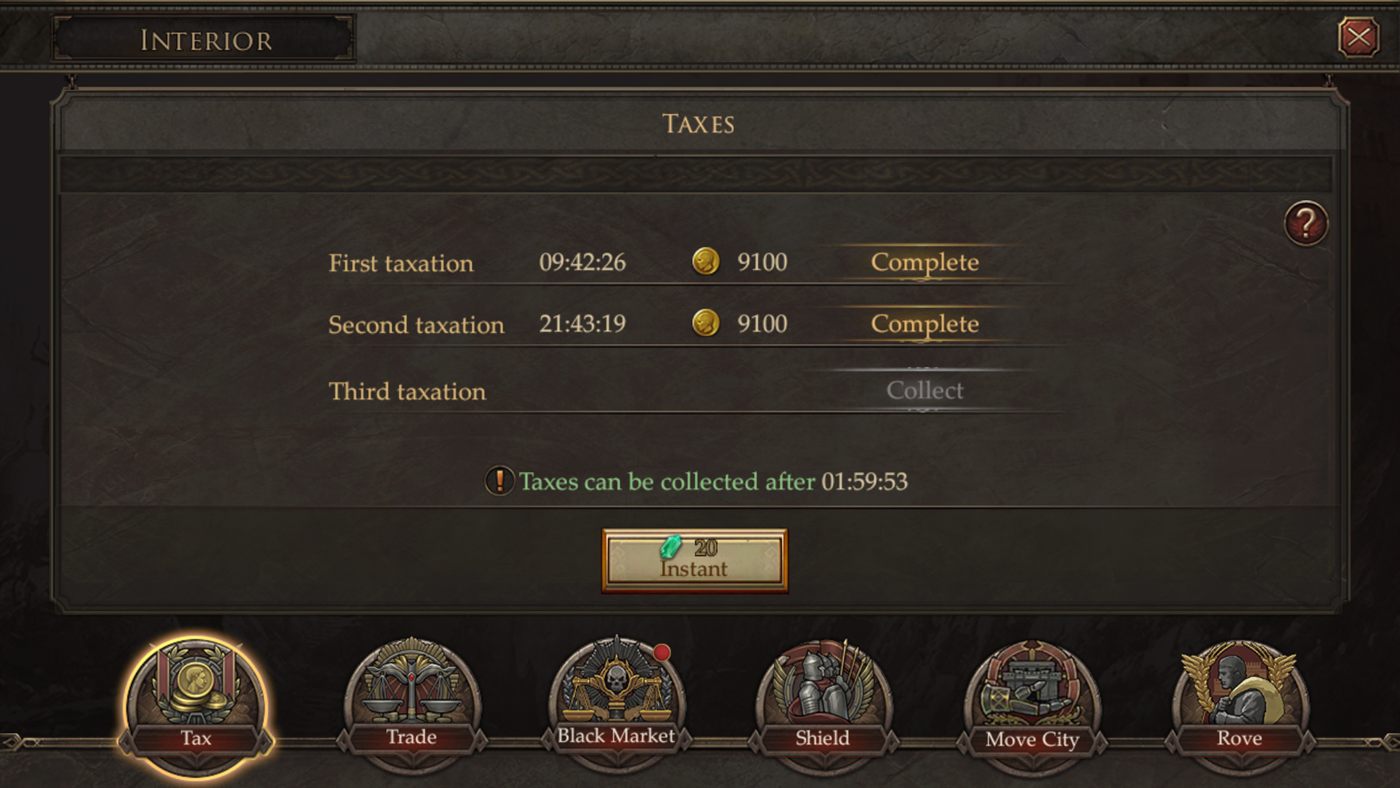 Original tax screen — a plain list of taxation timers with Complete buttons.