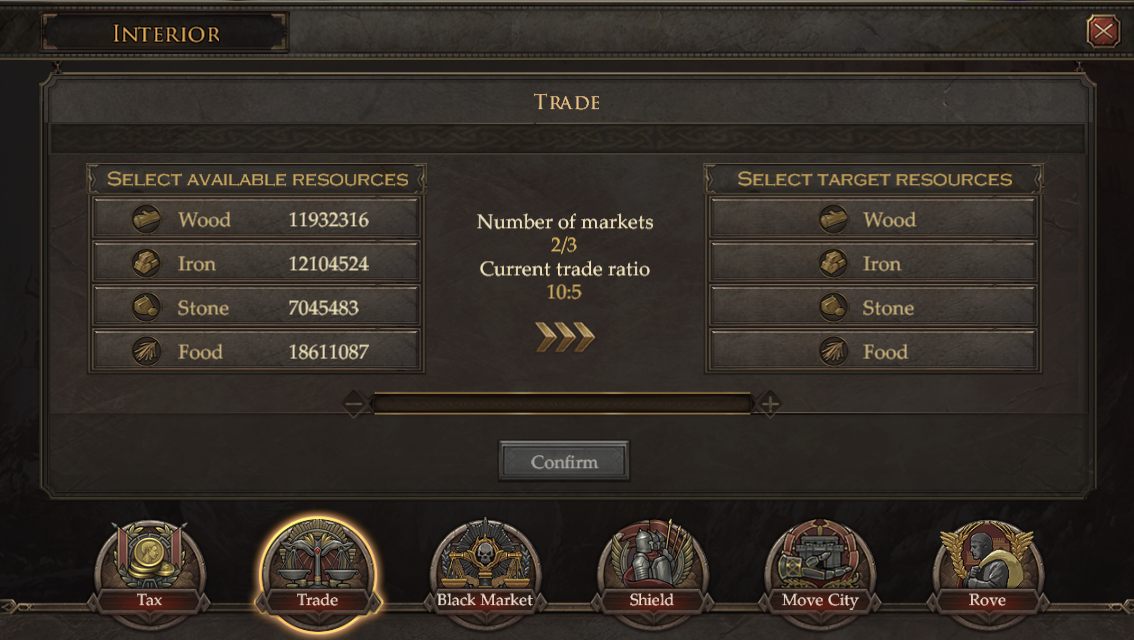 Original trade screen — two plain lists of resources to give and receive.