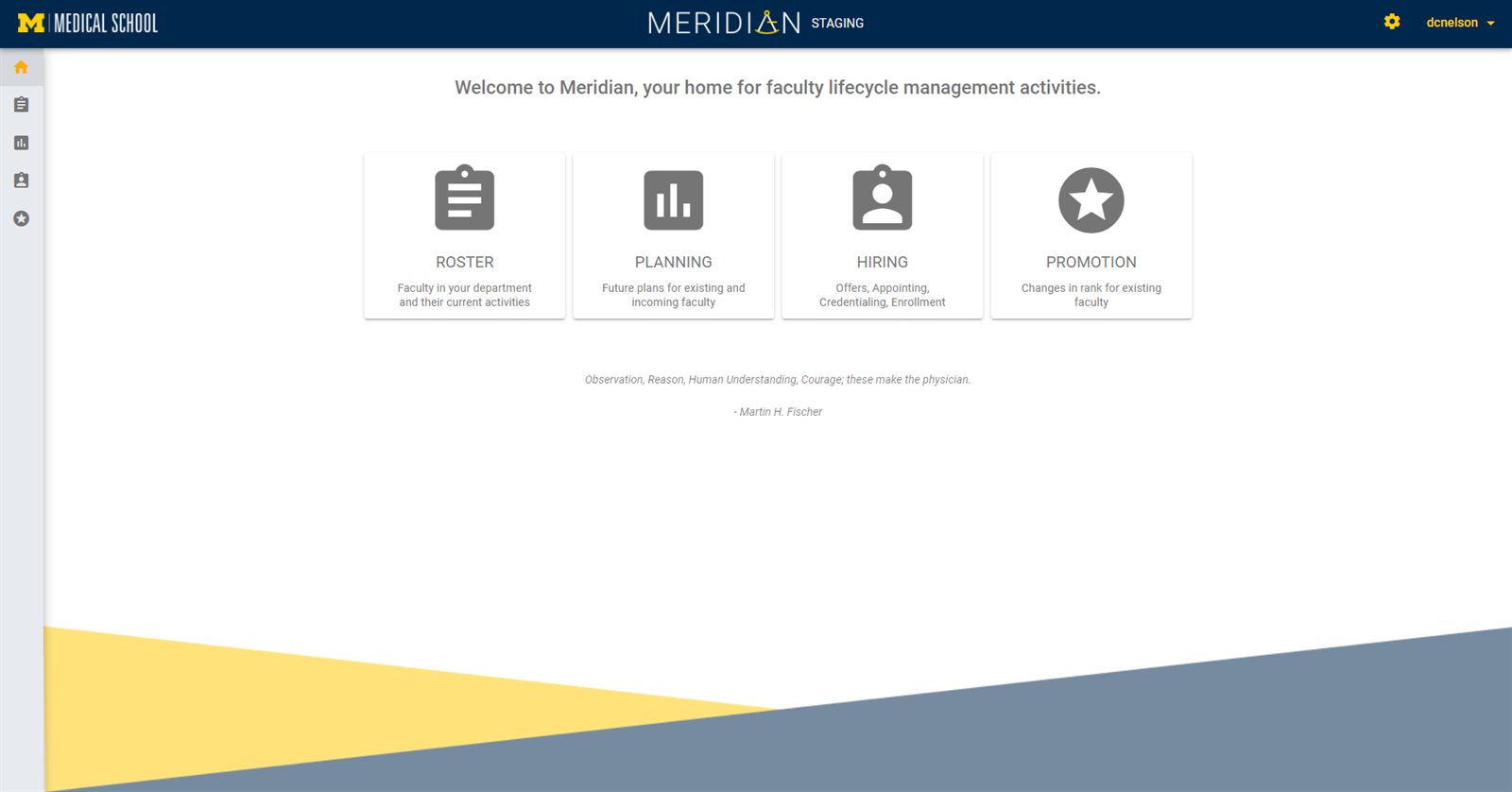 Meridian home dashboard — a hub for faculty lifecycle management with entry points for Roster, Planning, Hiring, and Promotion.