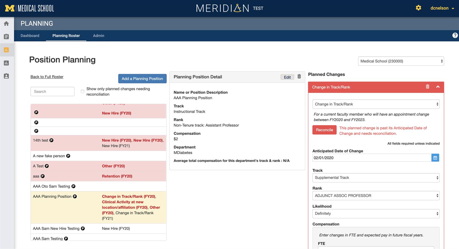 Meridian position-planning board — planned changes and new hires organized for review.
