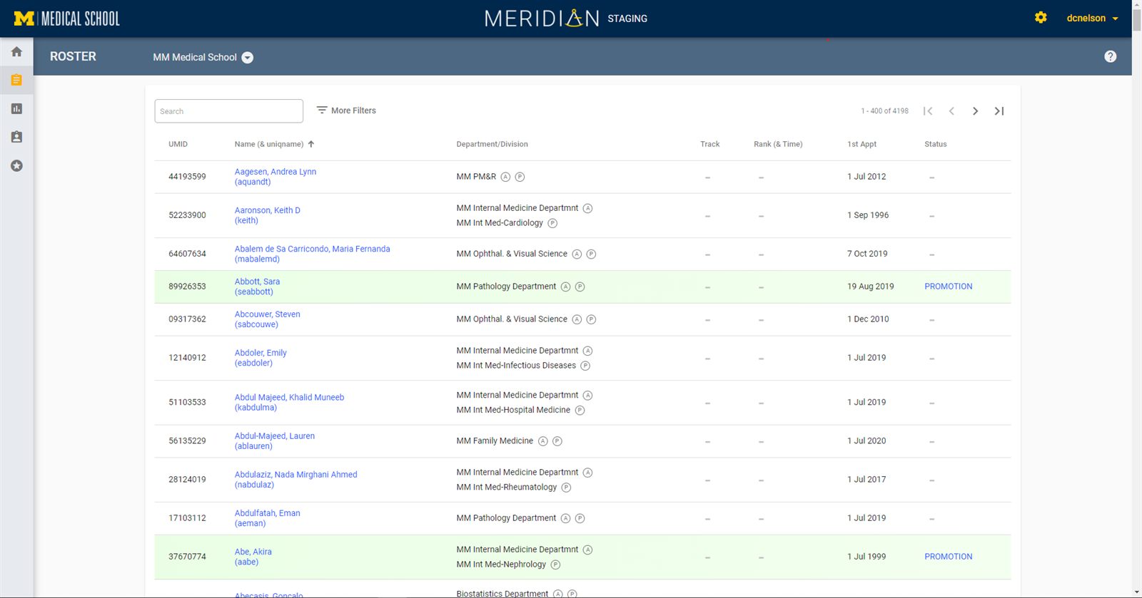 Meridian roster — a sortable table of faculty and staff with color-coded status states.