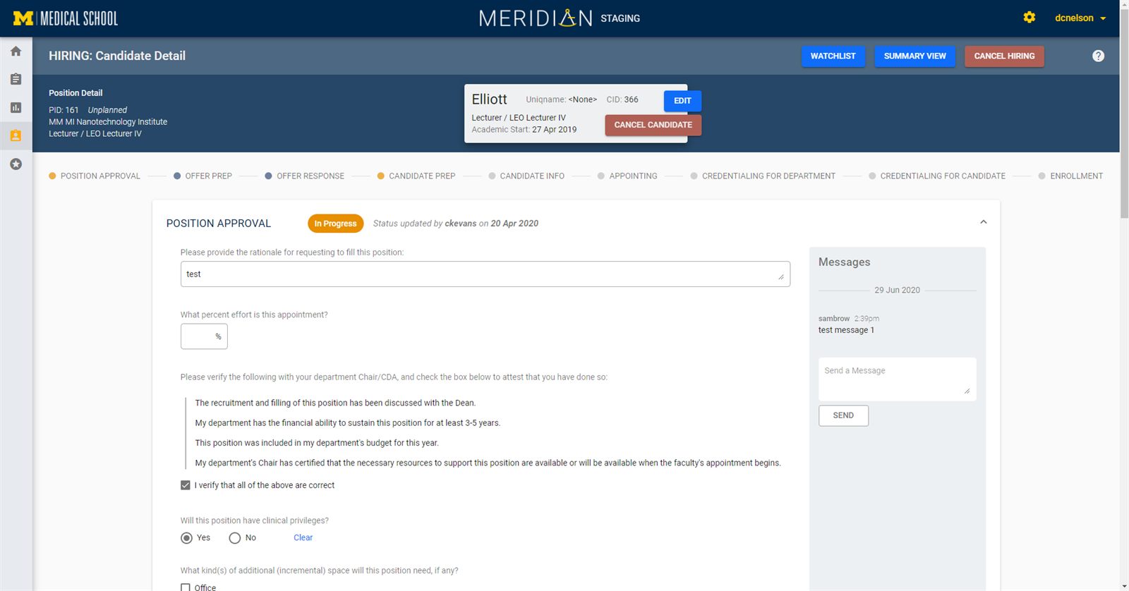 Meridian hiring candidate detail — a position-approval workflow with an attached messaging panel.