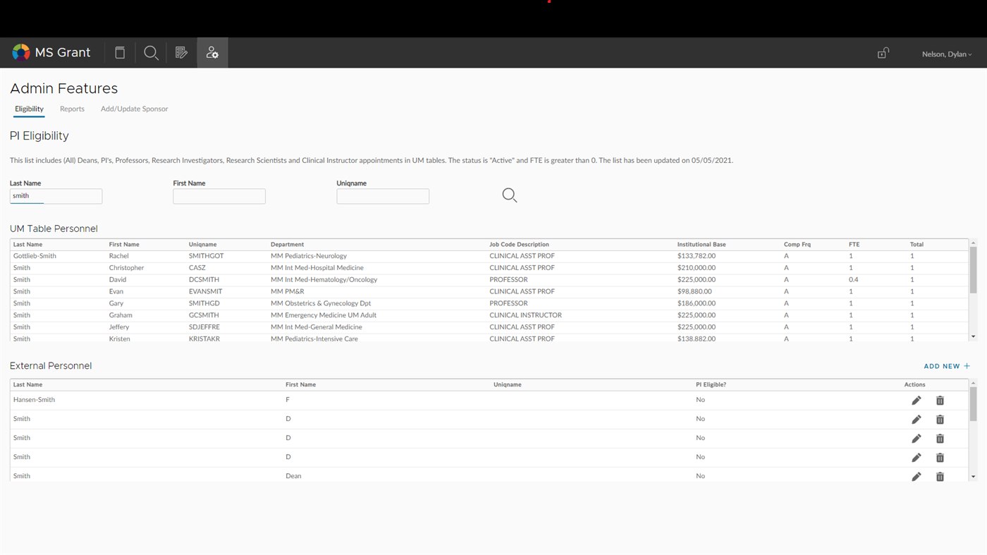 The admin features screen — investigator eligibility lookup against personnel tables, with separate handling for external personnel.