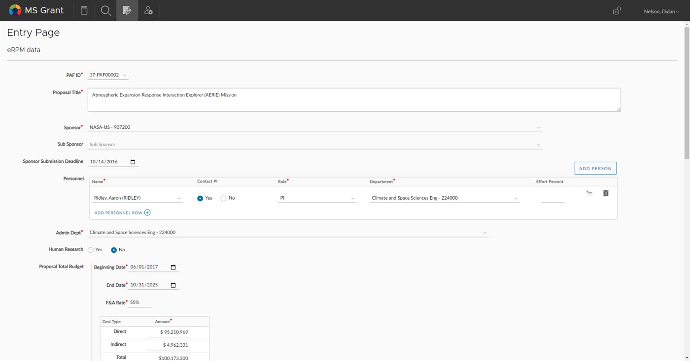 The proposal entry page — sponsor and deadline fields, an inline personnel table with roles and effort percentages, and budget totals, all on one structured screen.