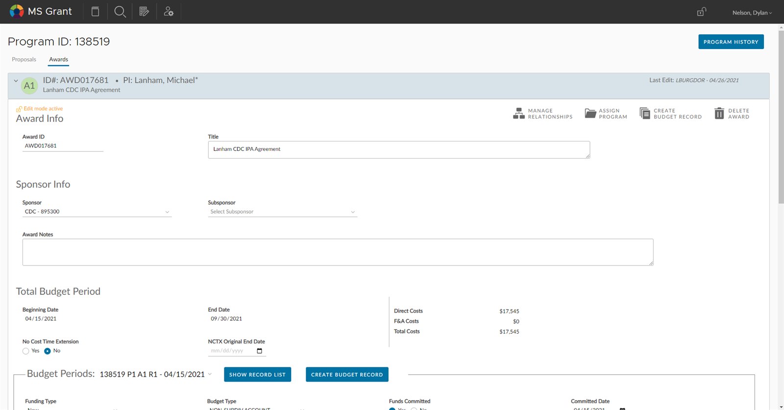 MS Grants program view — a grant program with its awards nested beneath it, showing award info, sponsor and budget periods