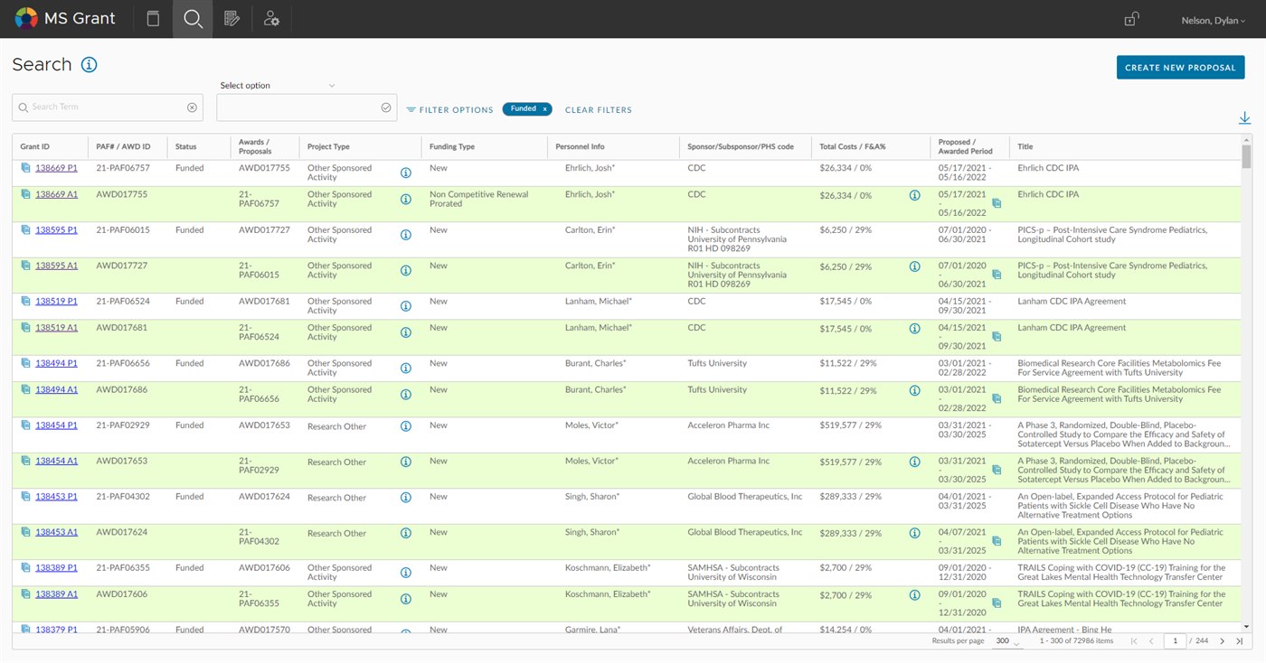 The redesigned search — a structured results table with filter controls, status indicators, grouped columns for personnel, sponsor and costs, and a primary action to create a new proposal.