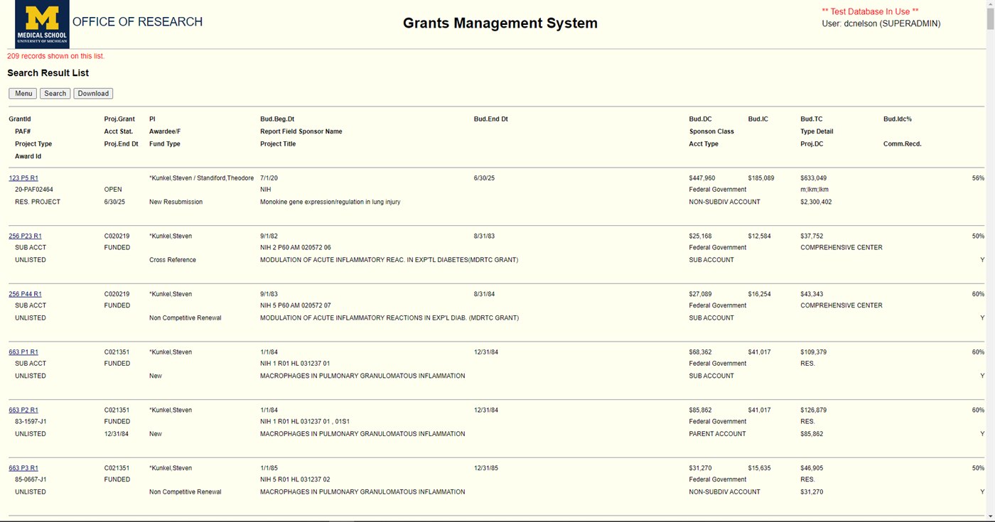 The original grants search results — a dense, unstructured list of records in small type, with a generic Menu, Search and Download button strip and no filtering or hierarchy.
