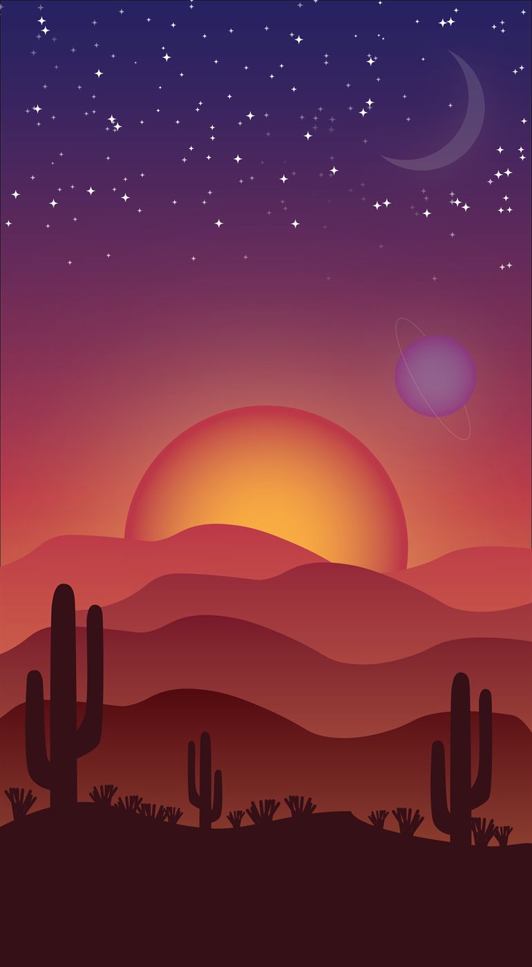Vector illustration of a desert at dusk — cactus and layered mountains under a crescent moon and stars.