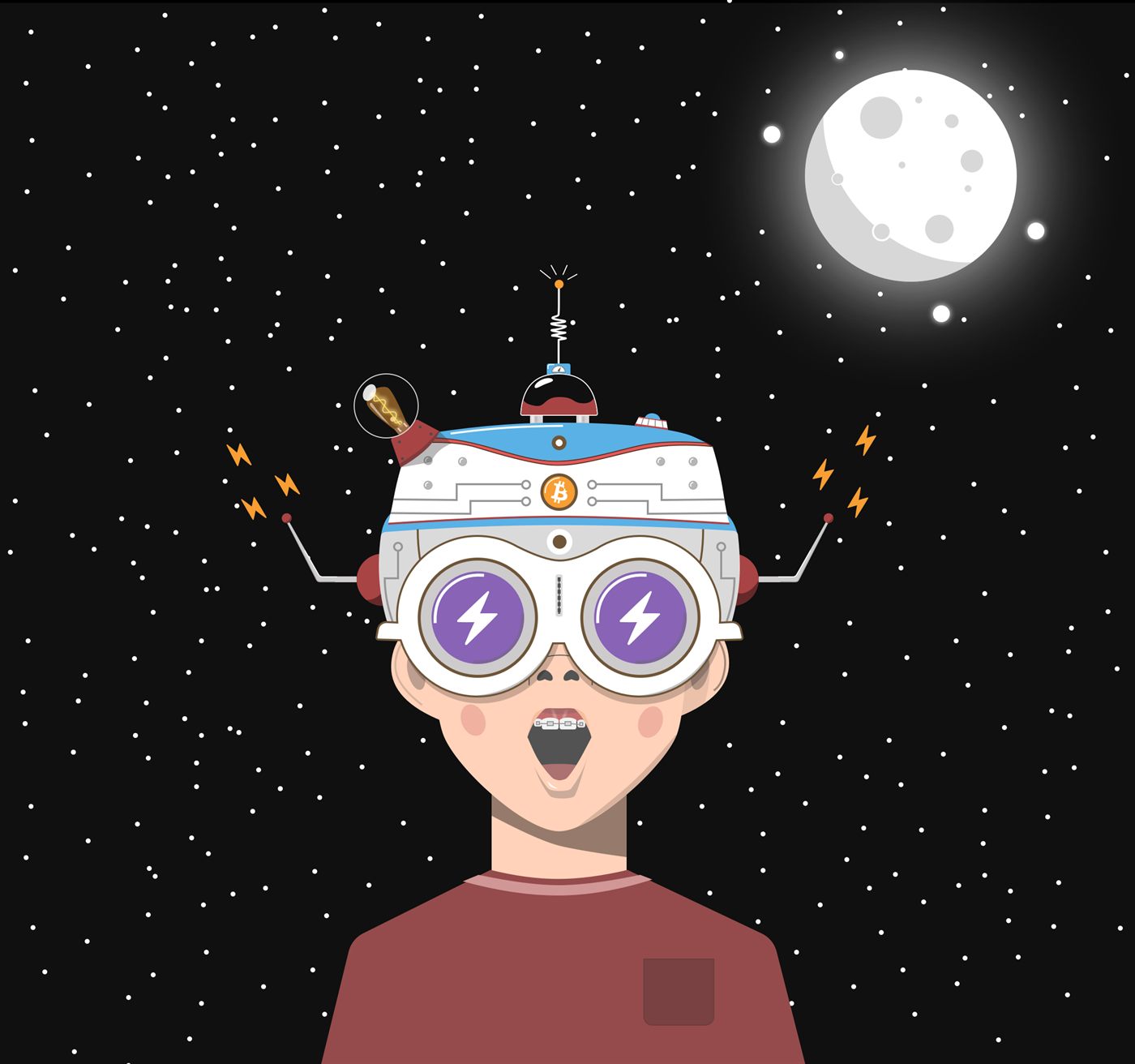 Vector illustration of a child in rocket goggles gazing up at the moon and stars.
